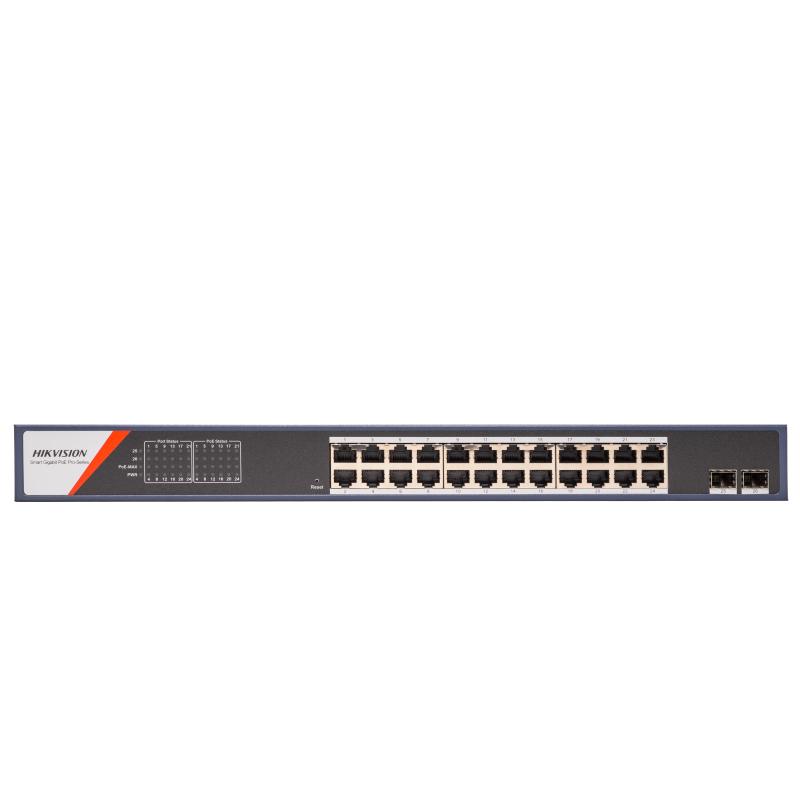 Front view of the Hikvision DS-3E1526P-SI-24P2F showing its PoE and SFP ports